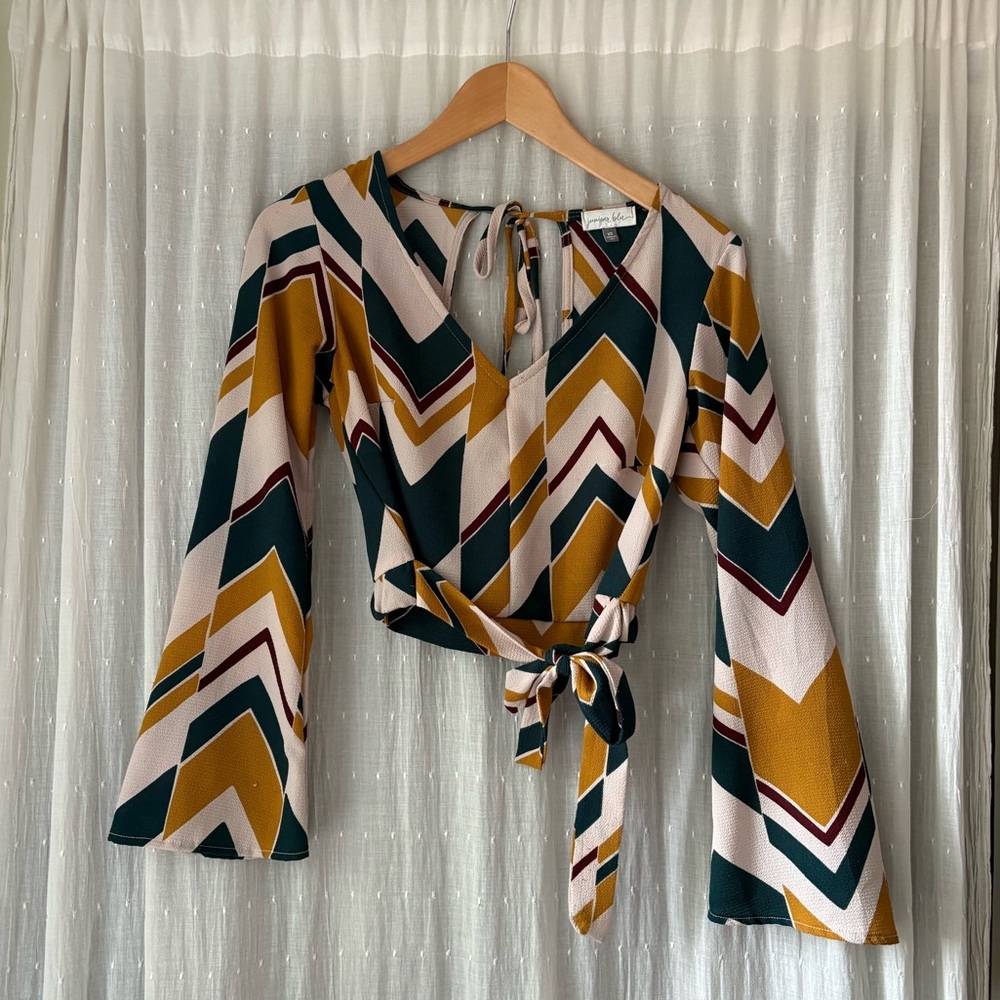 Juniper Blu Chevron Wrap Blouse with Bell Sleeves - Mustard, Teal, Cream